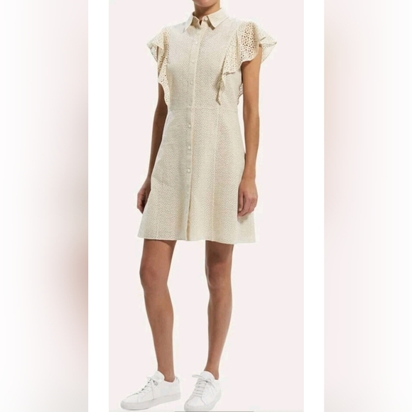 THEORY Nova Eyelet Ruffle Sleeve Mini Shirt Dress - Picture 2 of 8